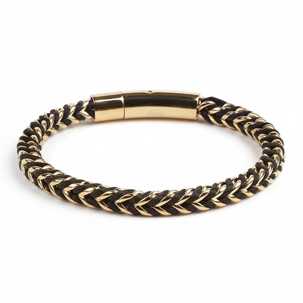 TIDEA Cove bracelet featuring a black braided rope design with polished gold-tone stainless steel accents.