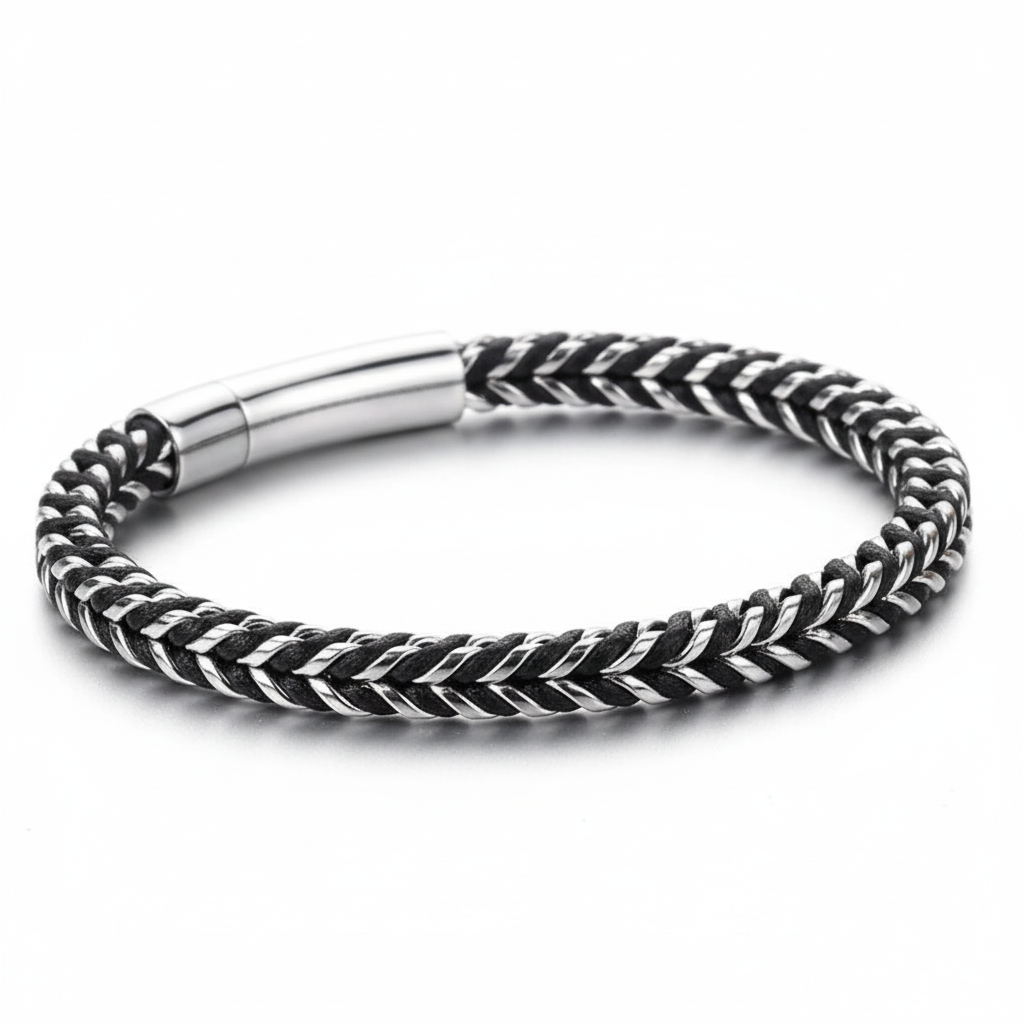 TIDEA Cove bracelet featuring a black and silver braided rope design with polished stainless steel clasp